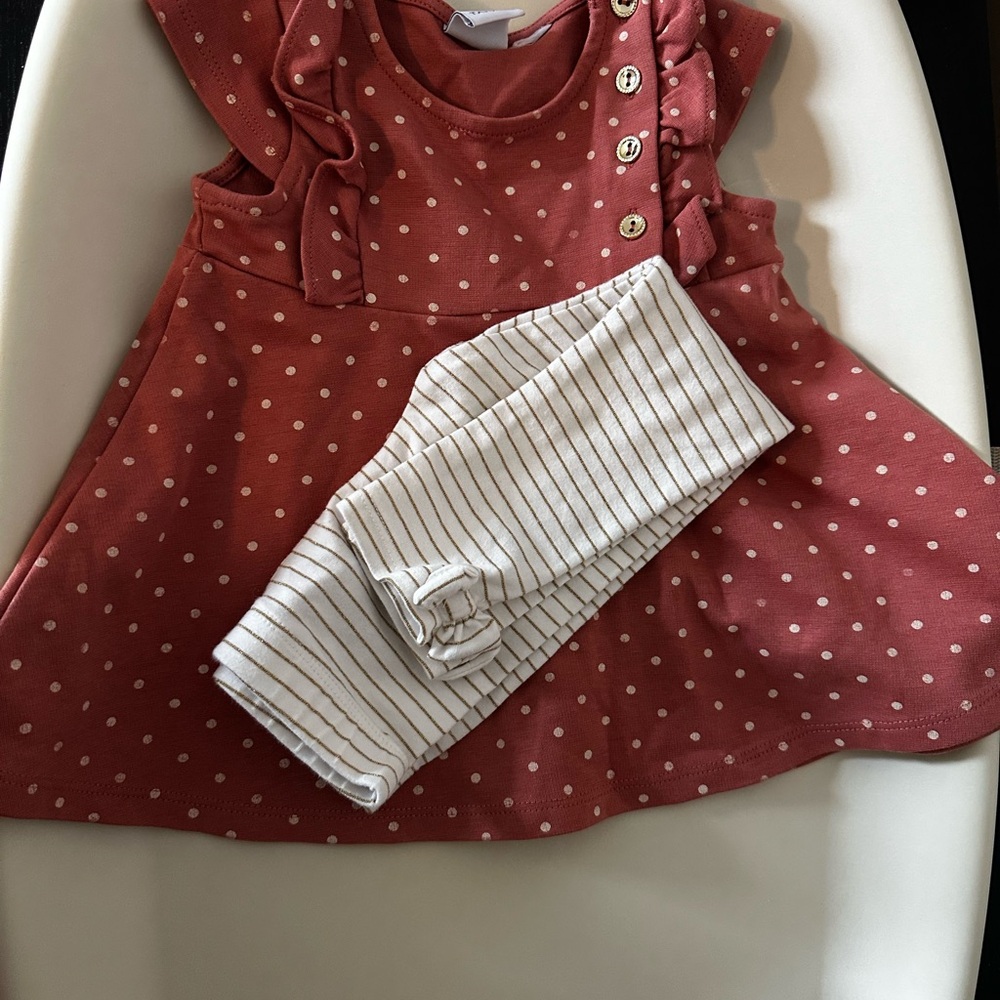 Tahari Pink Polka Dot Dress and Striped Leggings Set